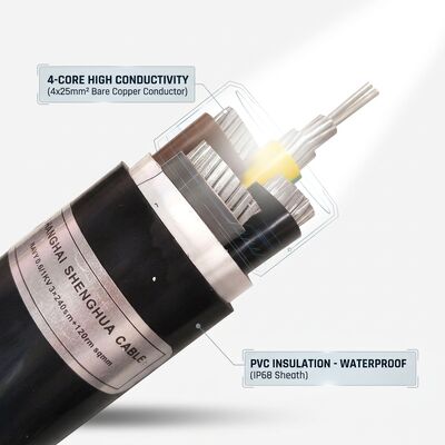 IP68 Su Geçirmez PVC Yalıtımlı Güç Kablosu 0.6/1kV 4x25mm2 Yeraltı Doğrudan Gömme tedarikçi